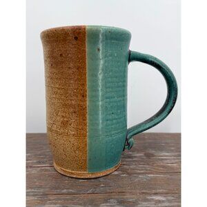Tall Handmade Ceramic Pottery Coffee Mug Teal And Speckle Beige Gaze Stoneware